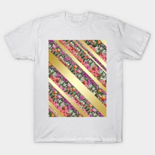 Beautiful Spring Flowers with gold stripes luxury design Holiday Boho style T-Shirt